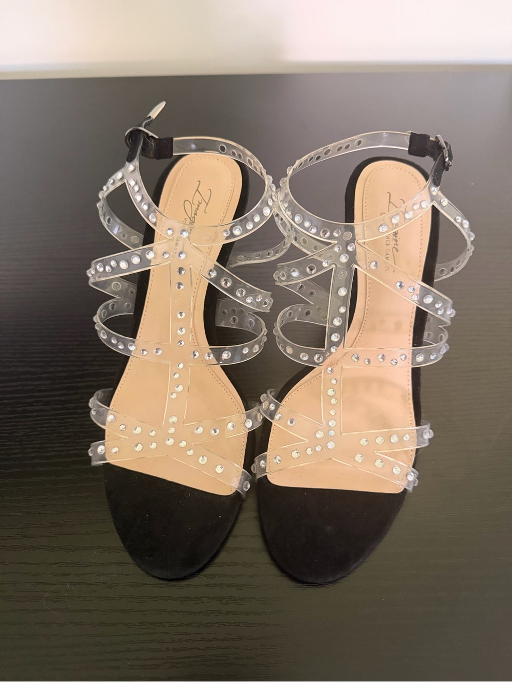 Vince Camuto Black Suede Open-Toe Heels with Clear Rhinestone Straps